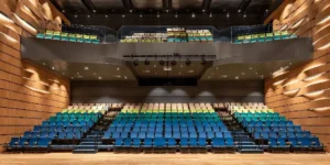 Visão geral de auditório empresarial contemporâneo: arquitetura corporativa com palco de madeira, poltronas em tons de azul e verde, mezanino e luminárias de palco, demonstrando expertise em design de espaços de eventos para corporações.